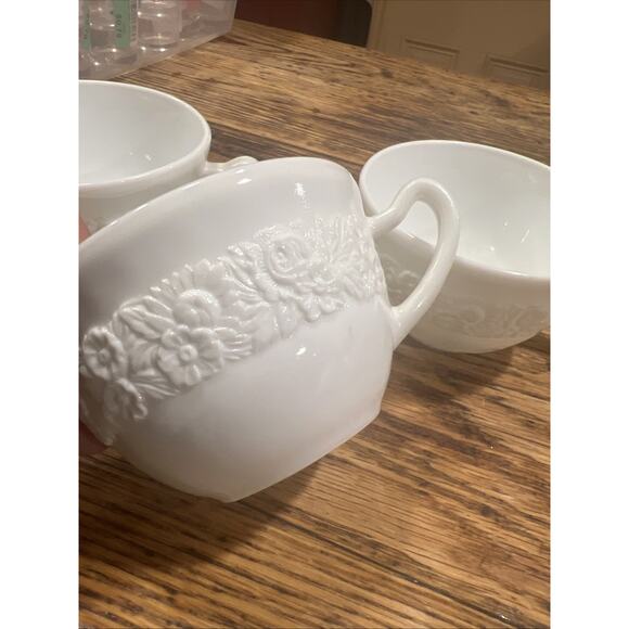 Vintage Vitrock White Milk Glass Teacups Floral Rose Embossed set of 3 - Picture 3 of 6